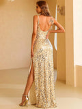 Strap Sleeveless Low Back Gold Sequin Dress XJ205