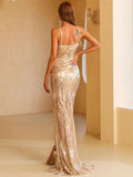 Sexy Plunging Neck Split Gold Sequin Prom Dress XJ280
