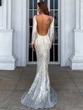Long Sleeve Round Neck Mermaid Maxi Sequins Dress M01757
