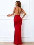 Sleeveless V Neck Backless Red Maxi Knit Cami Dress XJ341