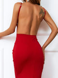 Sleeveless V Neck Backless Red Maxi Knit Cami Dress XJ341