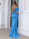 One Shoulder Cut Out Split Blue Prom Dress XJ420