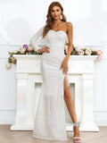 One Shoulder Side Split Sequin White Prom Dress XH1276