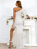 One Shoulder Side Split Sequin White Prom Dress XH1276