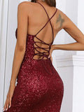 Lace Up Backless Sequin Mermaid Maxi Prom Dress XH1182