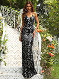 Back Lace Up Deep V Neck Sequins Maxi Prom Dress XH1166 sequin dress