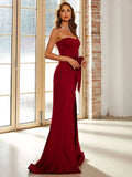 Split Thigh Belted Floor Length Tube Red Prom Dress XJ198