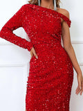 Asymmetrical Shoulder Red Glitter Dress XJ359