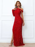 Asymmetrical Shoulder Red Glitter Dress XJ359