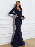 Long Sleeve V Neck Mermaid Knit Hem Prom Dress XJ377