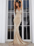 Deep V Neck Gold Mermaid Hem Sequin Maxi Prom Dress XH1373