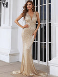 Deep V Neck Gold Mermaid Hem Sequin Maxi Prom Dress XH1373