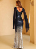 Cloak Sleeve Sequin Prom Dress Dark Blue M01875