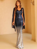 Cloak Sleeve Sequin Prom Dress Dark Blue M01875