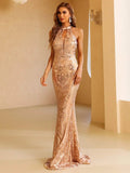 Sheer Backless Halter Neck Sequins Maxi Prom Dress XH1206