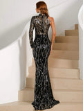 Mock Neck Cut Out Sequin Prom Dress Black XJ273 S-4XL