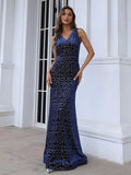 Allover Pattern Crisscross Backless Blue Mermaid Sequin Prom Dress XJ511