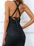 Twist Front Lace Up Backless Midi Sequin Black Bodycon Dress XH1291