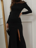 High Neck Slit Thigh Bodycon Black Midi Knit Dress XH1315