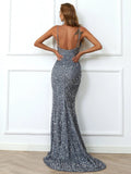 Grey V-Neck Spaghetti Strap Mermaid Sequin Evening Dress XJ437