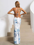 Floral Print Criss-cross Tie Backless Split White Prom Dress XJ412