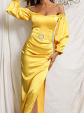 Off Shoulder Frill Trim Split Thigh Yellow Maxi Satin Prom Dress XJ387