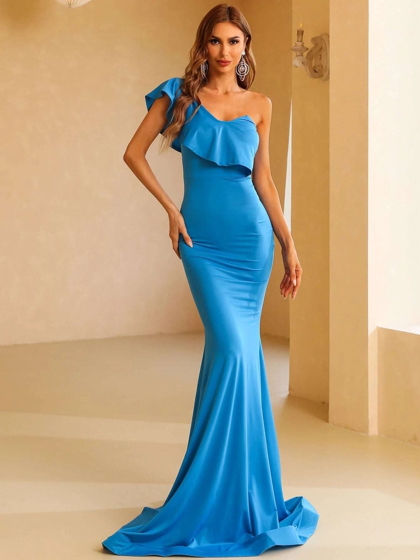One Shoulder Ruffle Trim Blue Mermaid Knit Maxi Prom Dress XH1235
