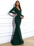 Long Sleeve V Neck Mermaid Knit Hem Prom Dress XJ377
