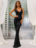 Deep V Neck Sleeveless Mermaid Sequin Maxi Black Prom Dress M0731
