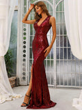 V Neck Split Mermaid Sequin Prom Dress M01087 S-4XL