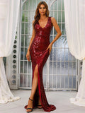 V Neck Split Mermaid Sequin Prom Dress M01087 S-4XL