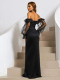 Off Shoulder Flounce Lace Sleeve Split Maxi Black Prom Dress XH1366