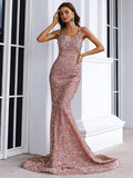 V Neck Backless Floor Length Sequins Prom Dress Gold XJ476