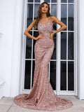 V Neck Backless Floor Length Sequins Prom Dress Gold XJ476