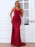 Split Thigh Cami Red Maxi Knit Prom Dress XH1535