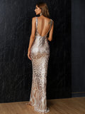 Backless Gold Maxi Sequin Mermaid Formal Prom Dress XJ757