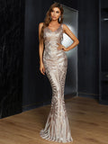 Backless Gold Maxi Sequin Mermaid Formal Prom Dress XJ757