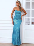 Backless Tube Top Sequin Blue Maxi Prom Dress XH1418