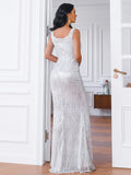 Formal V-neck Sleeveless Sequin Floor Length White Maxi Dress XH1537