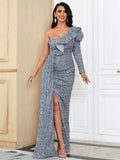 One Shoulder Split Blue Sequin Maxi Prom Dress JX083