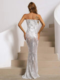 Missord Contrast Mesh Floor Length White Sequins Prom Dress XJ444