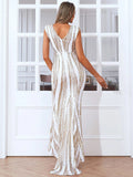 V Neck Floor Length Sequin Prom Dress Gold XJ697