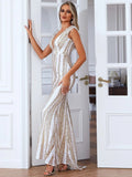 V Neck Floor Length Sequin Prom Dress Gold XJ697