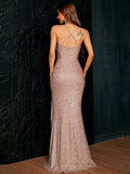 Split Thigh Mesh Panel Sequin Prom Dress XJ900