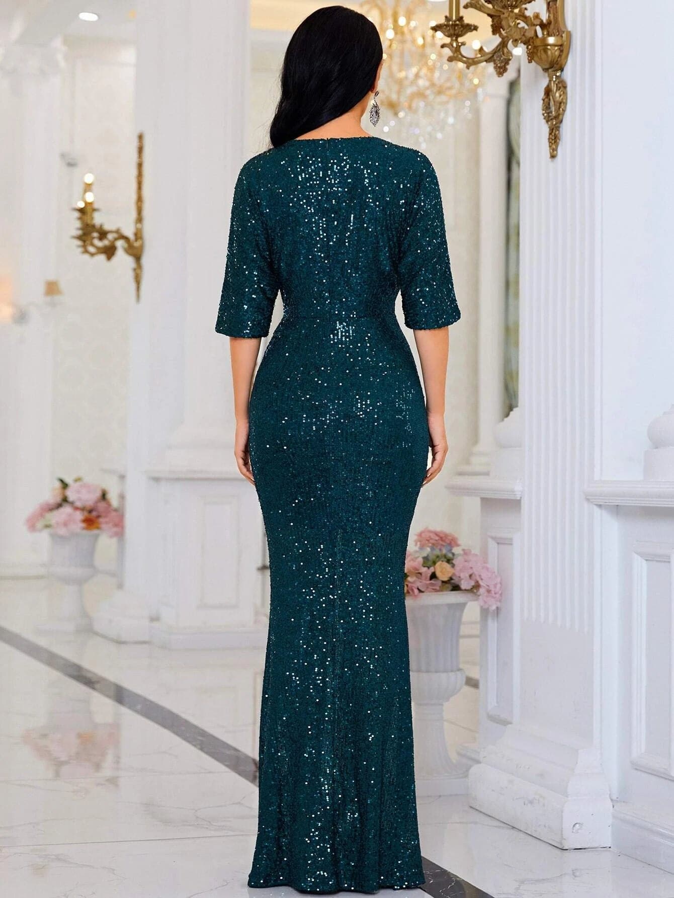 Formal V-neck Ruched Split Thigh Sequin Prom Dress XH1720