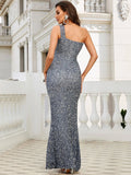 One Shoulder Split Thigh Black Maxi Sequin Prom Dress M0881
