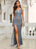 One Shoulder Split Thigh Black Maxi Sequin Prom Dress M0881