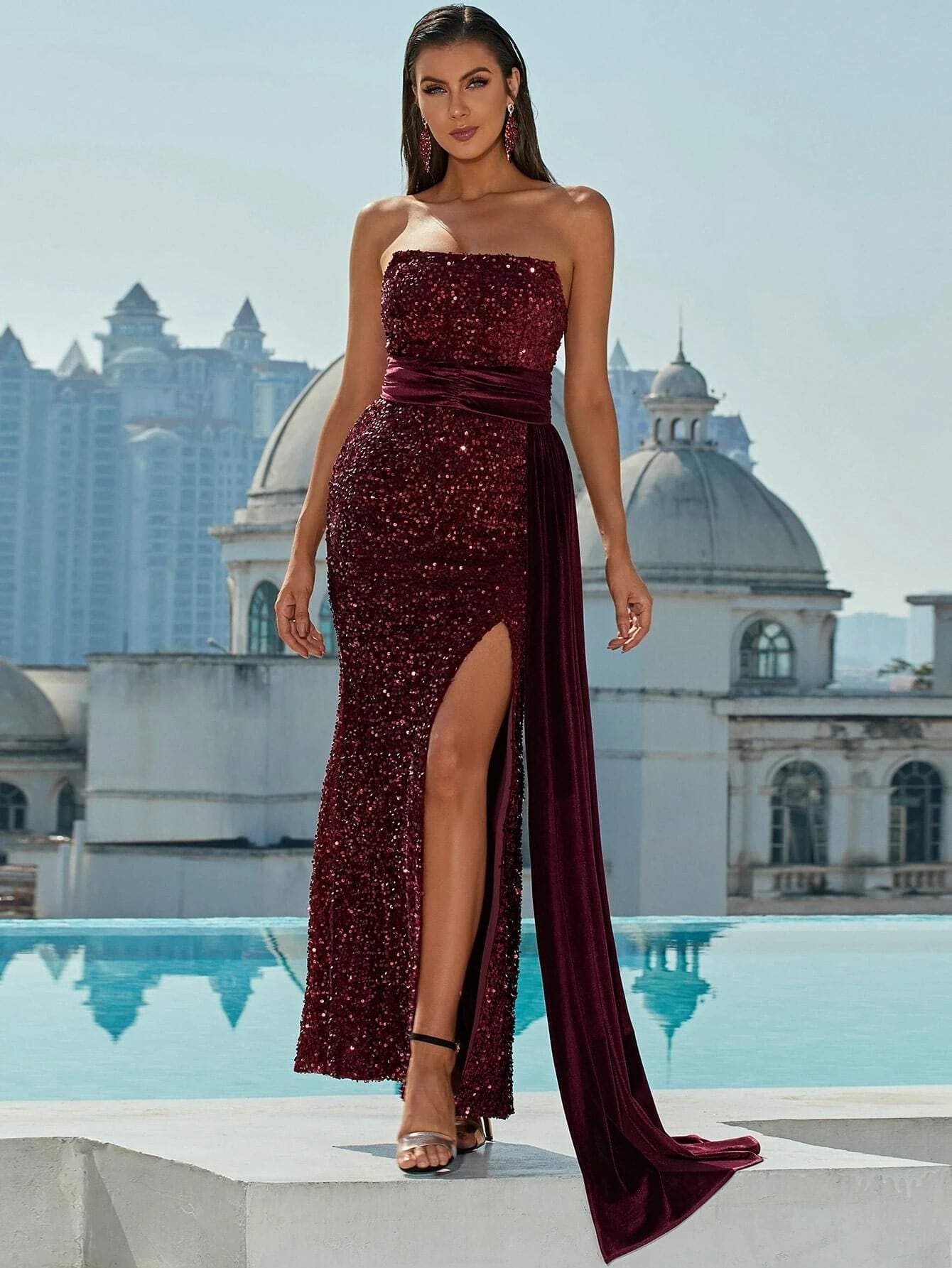 Draped Side Slit Thigh Sequin Tube Maxi Red Formal Dress XH1863