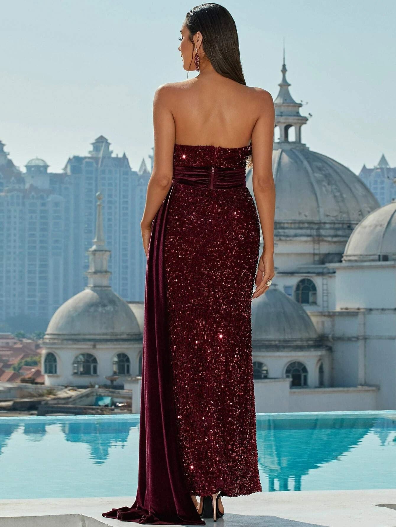 Draped Side Slit Thigh Sequin Tube Maxi Red Formal Dress XH1863