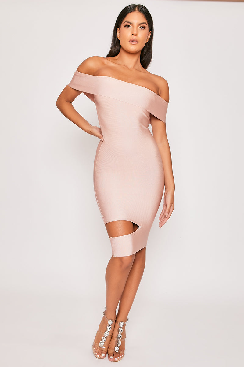 Olia - Blush Nude Off The Shoulder Bandage Dress